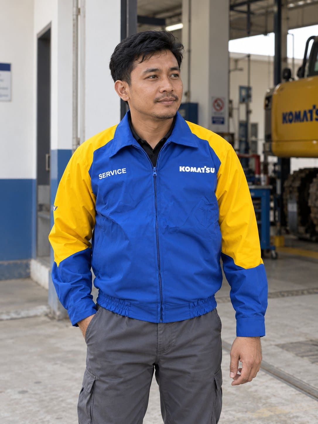 Jaket kerja biru dengan aksen kuning