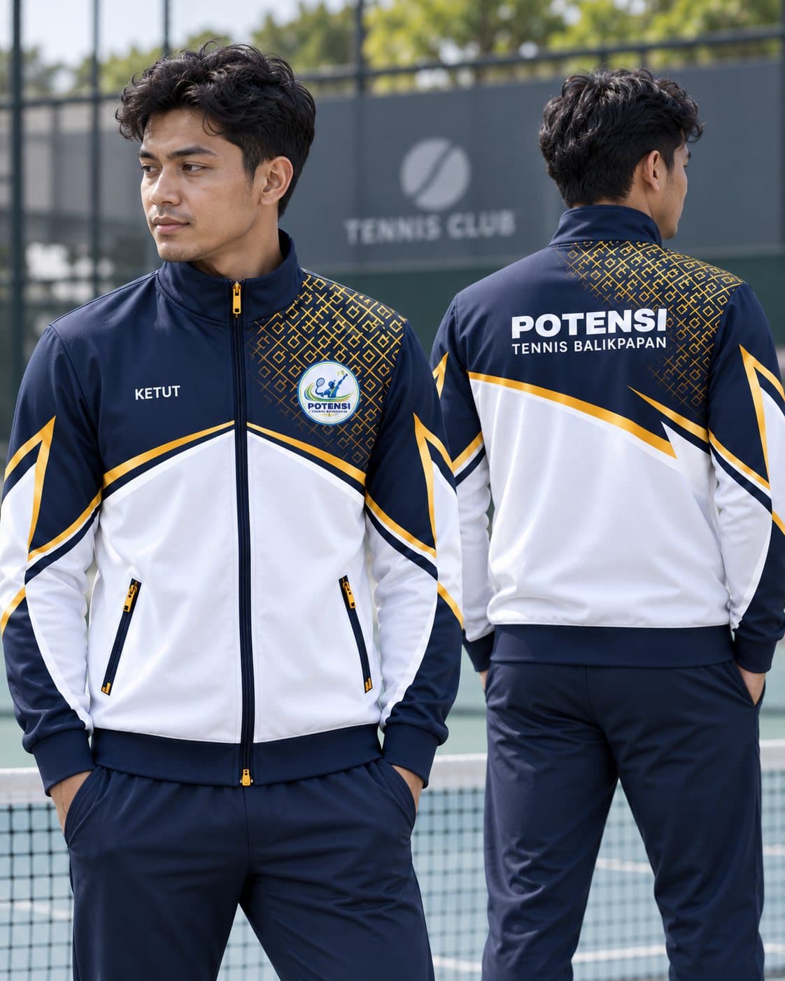 Jaket klub tenis warna putih dan navy, tampak depan dan belakang