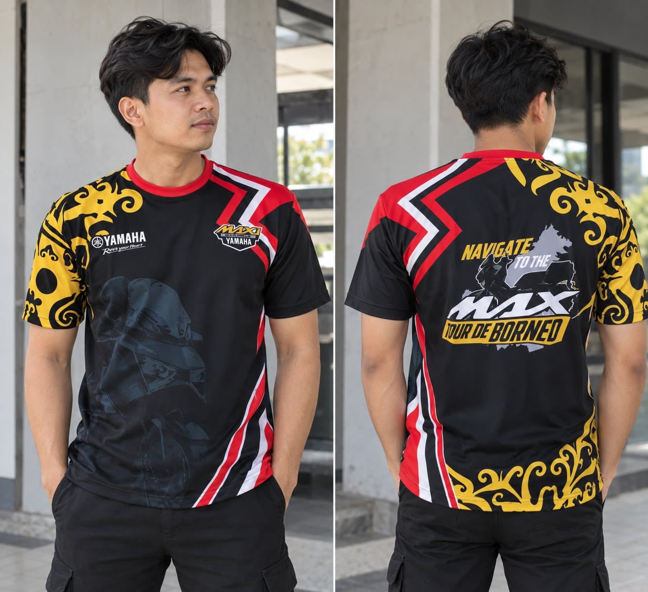 Jersey hitam bermotif, tampak depan dan belakang