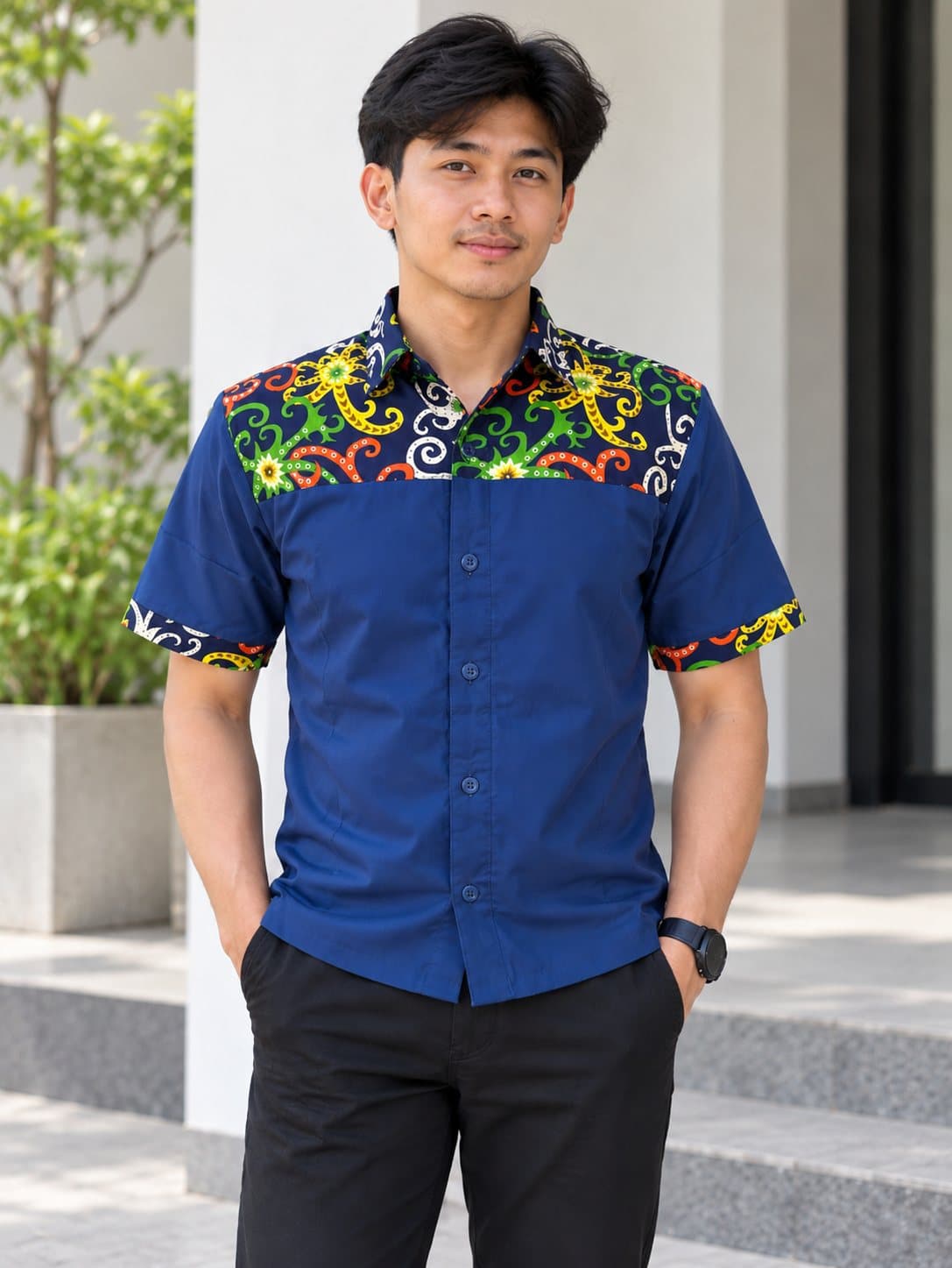 Kemeja kerja biru dengan kombinasi motif batik