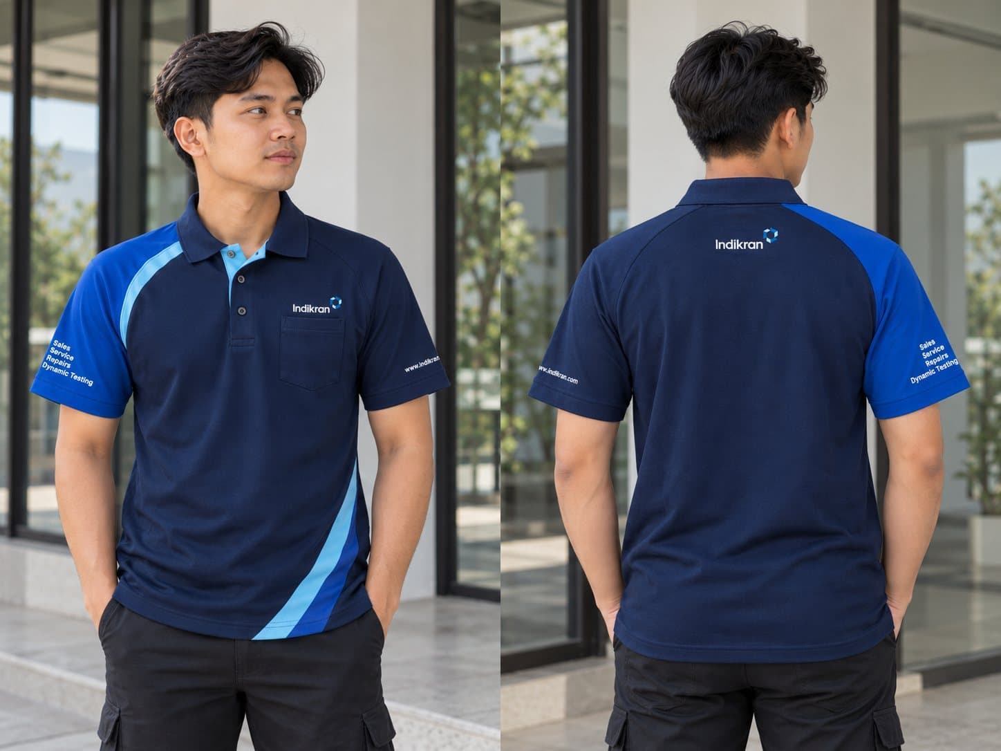 Polo shirt navy dengan aksen biru, tampak depan dan belakang