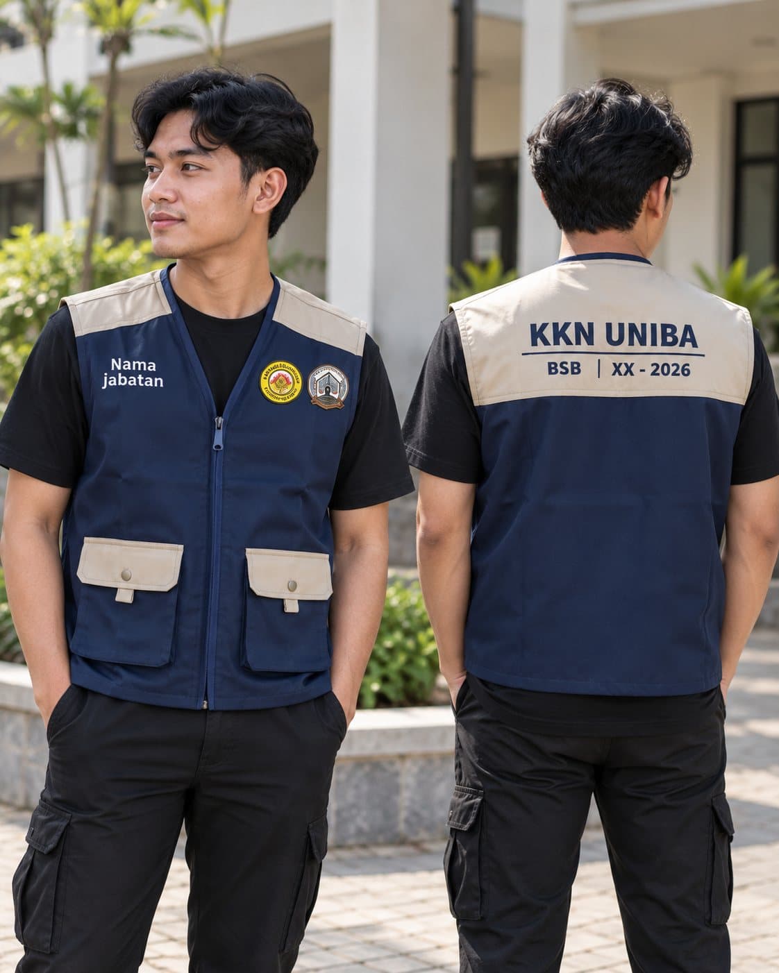 Rompi kegiatan navy dan krem, tampak depan dan belakang