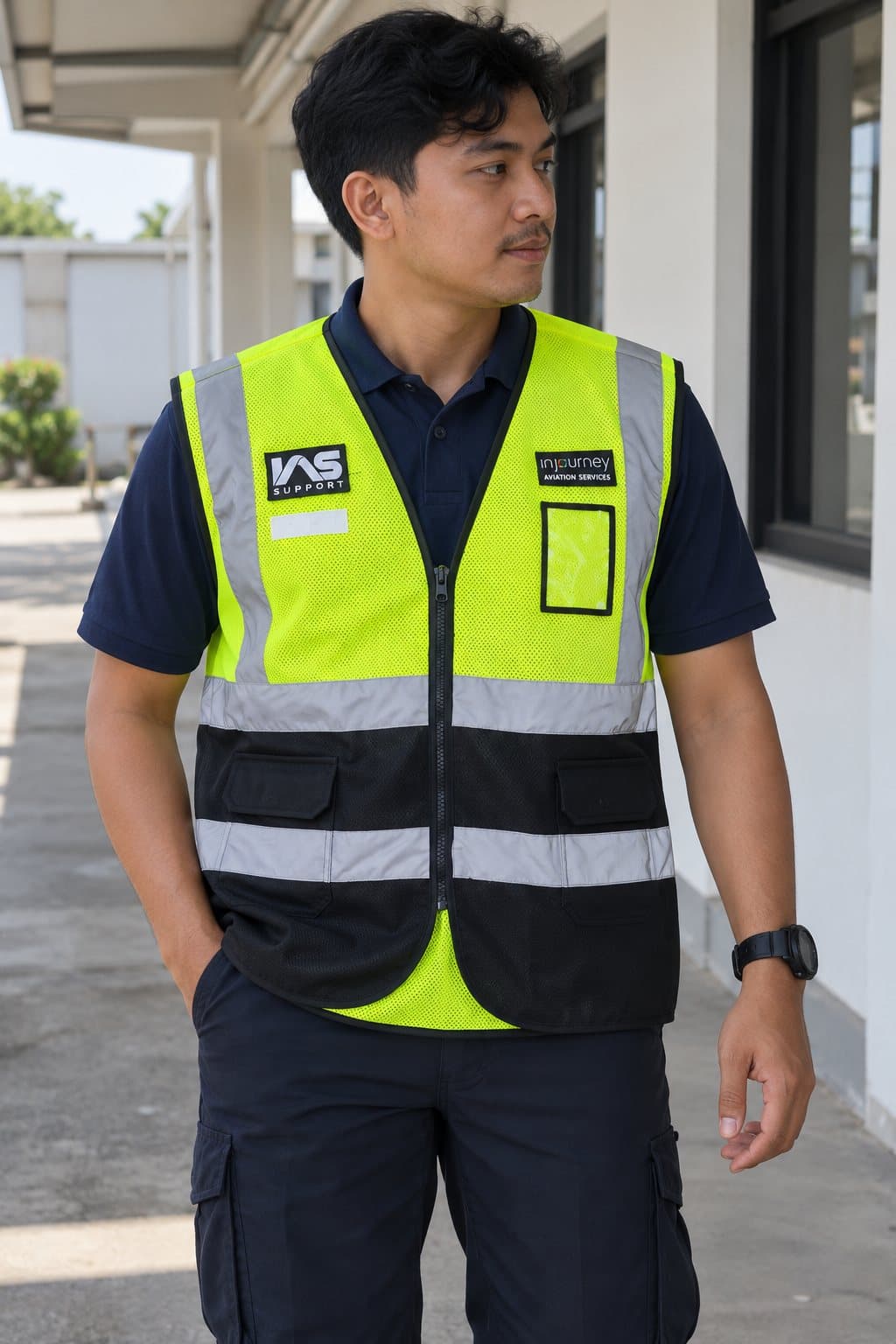 Rompi safety hijau stabilo dan hitam dengan list reflektif