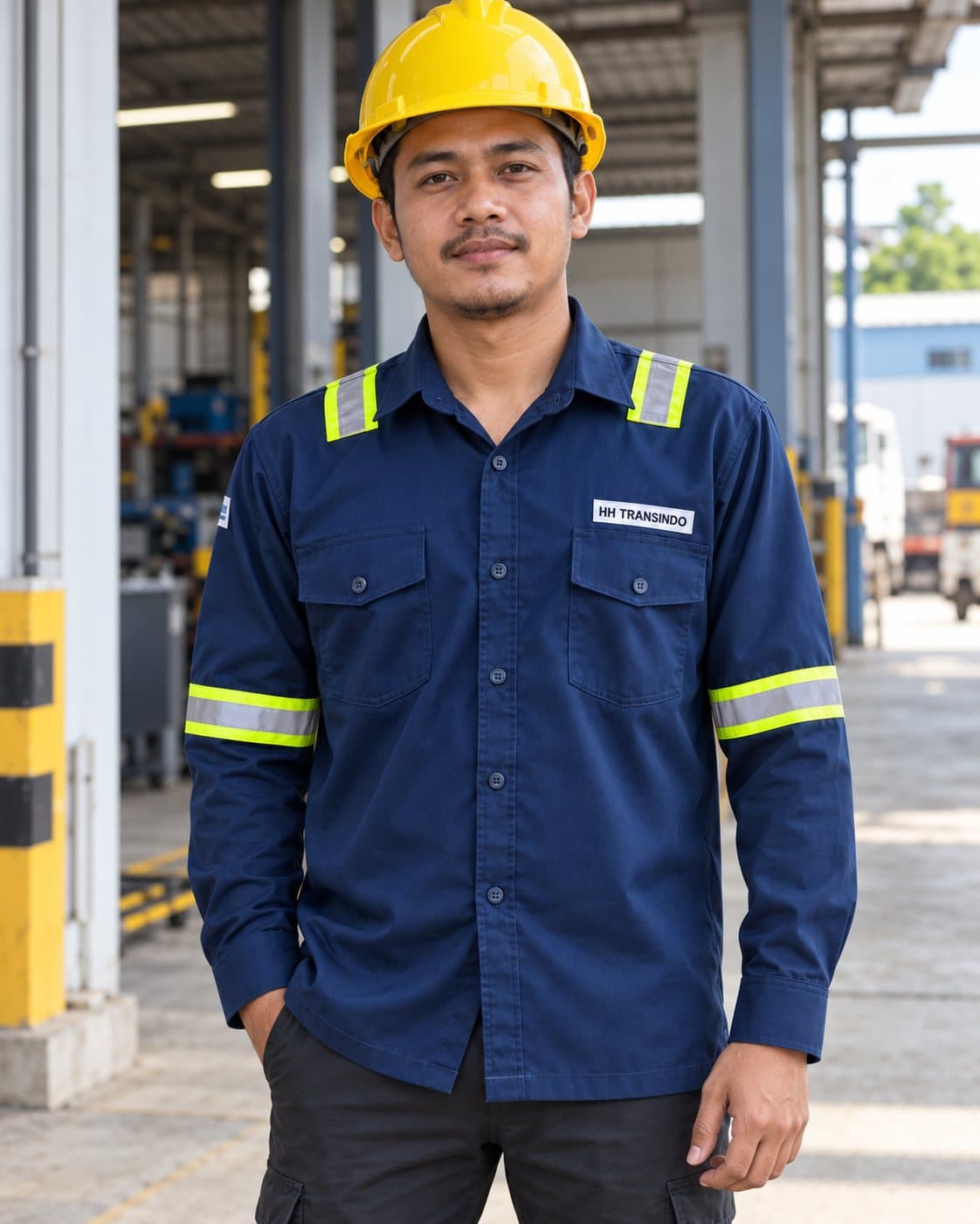 Kemeja kerja navy dengan list reflektif dan helm safety