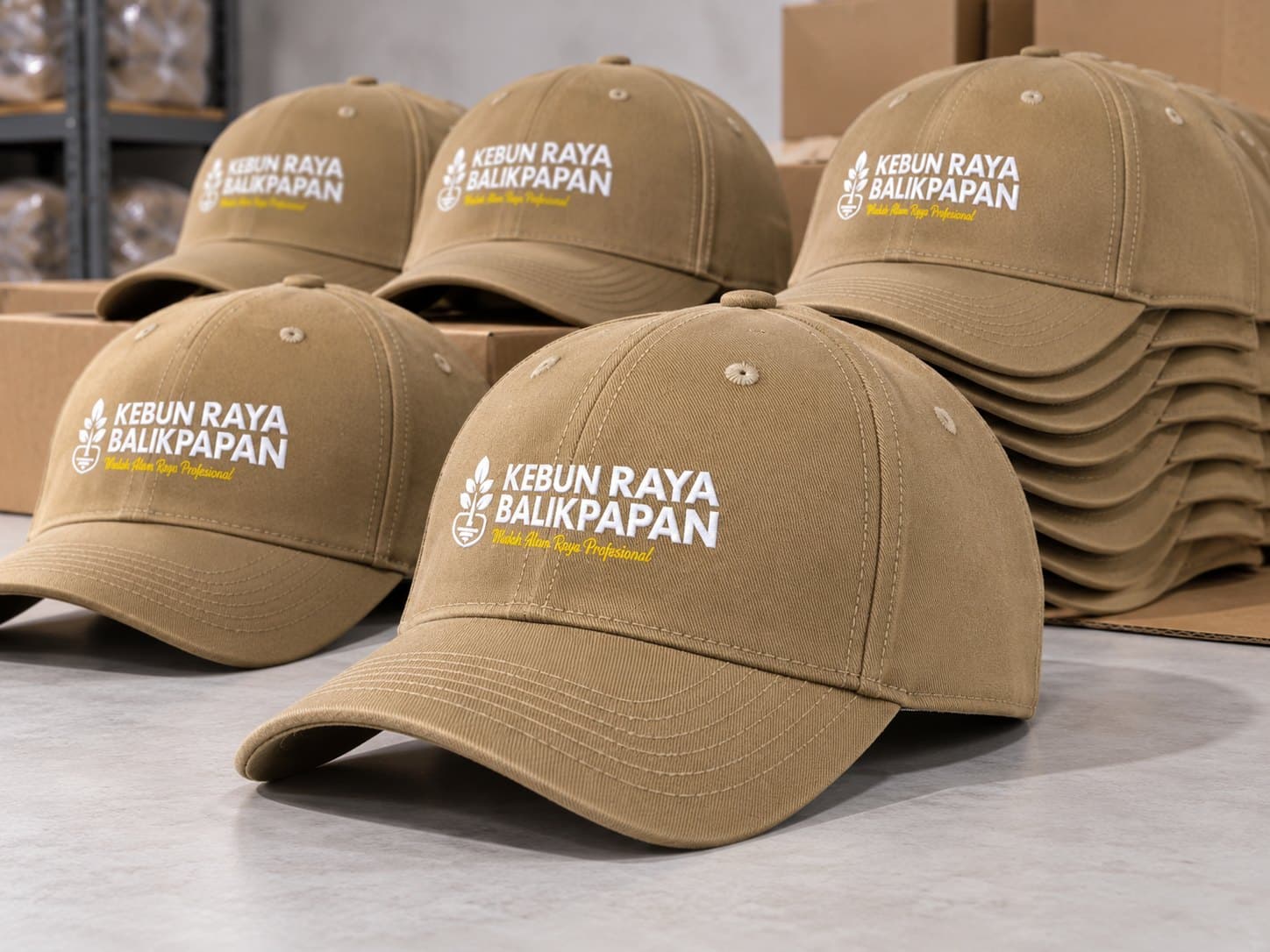 Topi custom warna cokelat muda dengan logo bordir