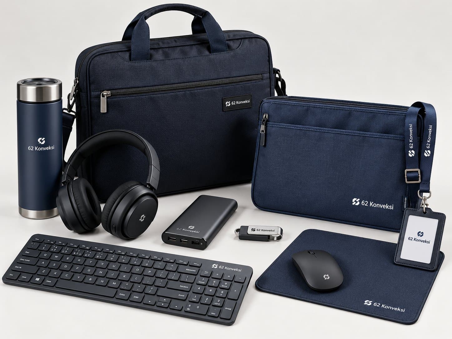 Tumbler, tas laptop, pouch, headphone, power bank, keyboard, mouse, mousepad, dan ID card holder berlogo
